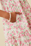 GY6939 Pink Girls Button Detail Textured Floral Dress Detail