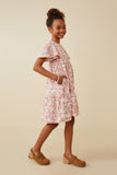 GY6939 Pink Girls Button Detail Textured Floral Dress Side