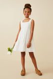 GY6946 OFF WHITE Girls Textured Square Neck Ruffle Tiered Dress Full Body