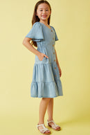 GY6951 Light Denim Girls Button Front Side Smocked Denim Tencel Dress Side