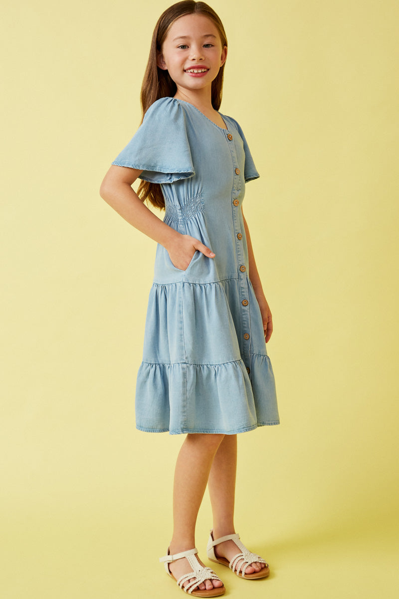 Button Front Side Smocked Denim Tencel Dress