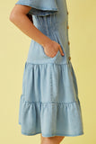 GY6951 Light Denim Girls Button Front Side Smocked Denim Tencel Dress Detail