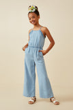 GY6952 Light Denim Girls Ruffled Halter Wideleg Denim Tencel Jumpsuit Full Body