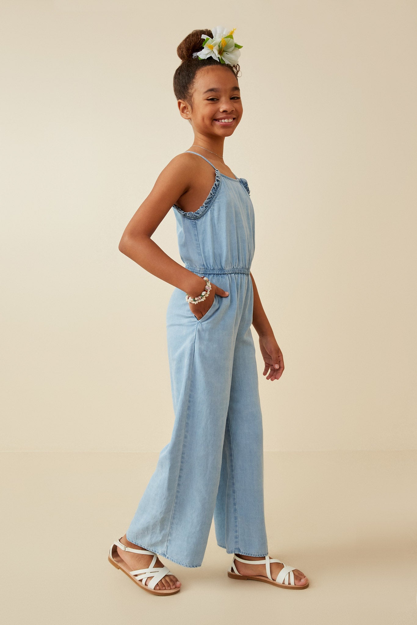 GY6952 Light Denim Girls Ruffled Halter Wideleg Denim Tencel Jumpsuit Side