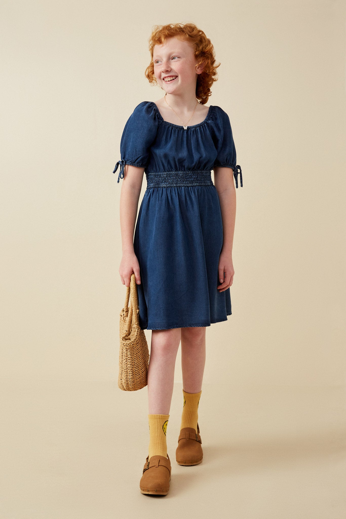 Smocked Waist Tie Sleeve Denim Tencel Dress