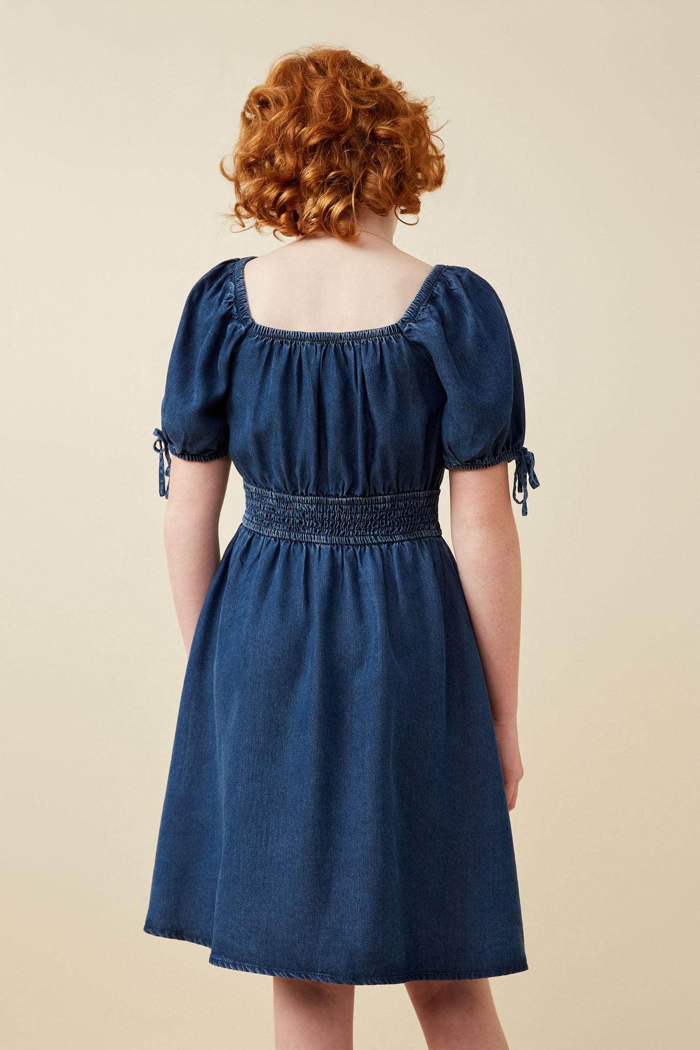 GY6955 Dark Denim Girls Smocked Waist Tie Sleeve Denim Tencel Dress Back