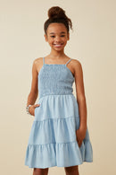 GY6956 Light Denim Girls Smocked Tiered Skirt Denim Tencel Mini Dress Front