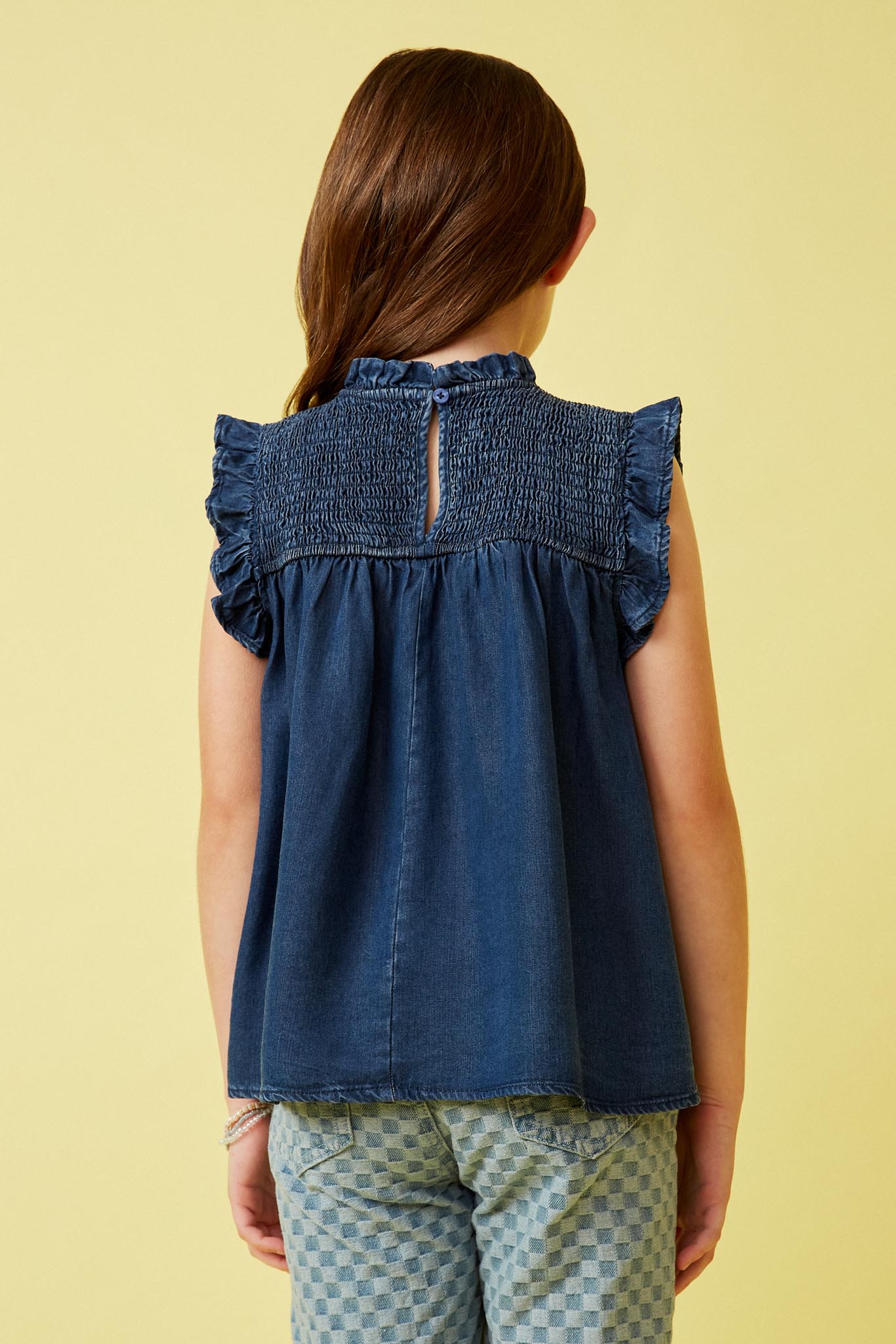 GY6958 Dark Denim Girls Ruffle Detailed Smocked Denim Tencel Tank Back