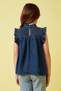 GY6958 Dark Denim Girls Ruffle Detailed Smocked Denim Tencel Tank Back