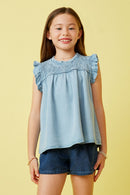 GY6958 Light Denim Girls Ruffle Detailed Smocked Denim Tencel Tank Front