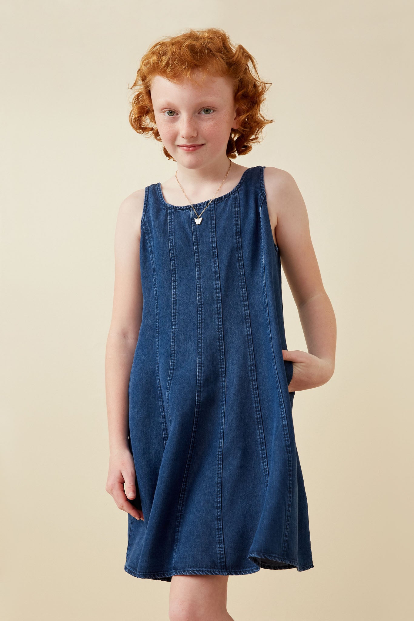 Smocked And Stitch Detail Denim Tencel Dress