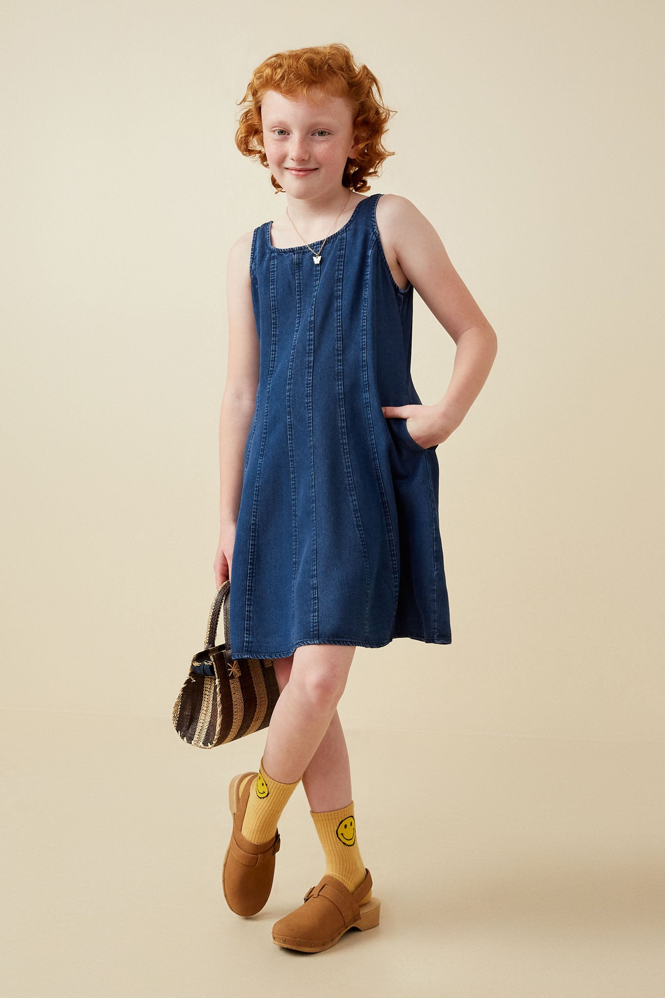 Smocked And Stitch Detail Denim Tencel Dress