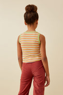 GY6960 Sage Mix Girls Contrast Binding Striped Knit Ribbed Tank Back