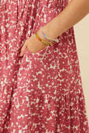 GY6971 Pink Girls Ditsy Floral Buttoned V Neck Tier Dress Detail