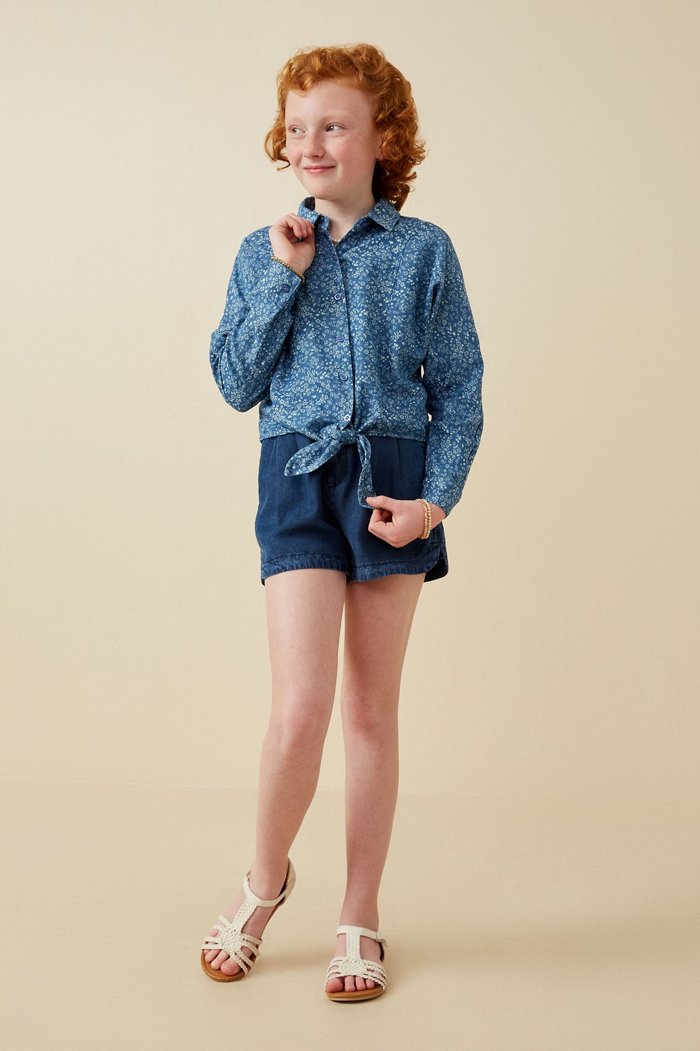 Floral Denim Tie Front Roll Up Shirt