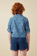 GY6986 Denim Girls Floral Denim Tie Front Roll Up Shirt Back