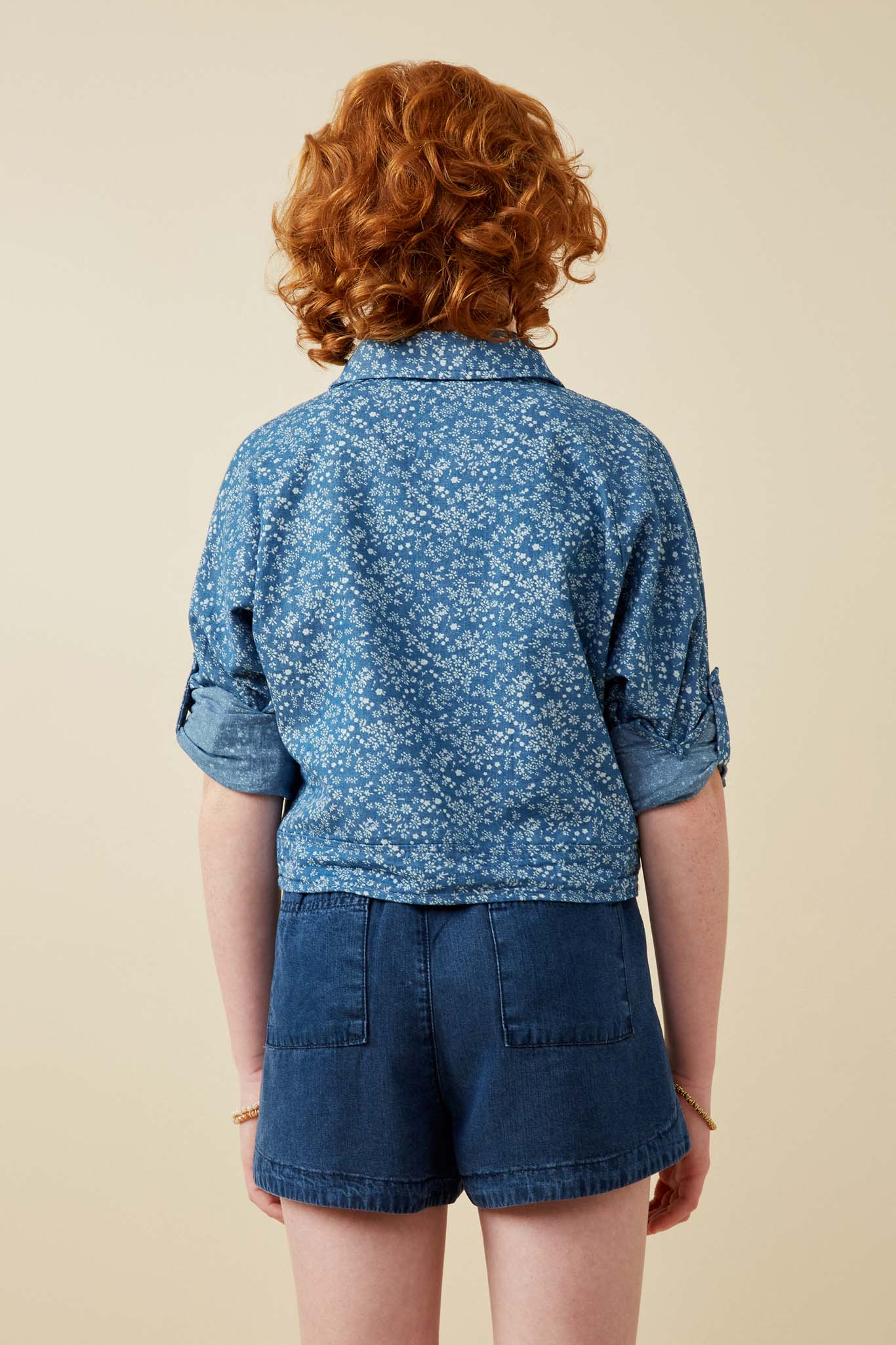 GY6986 Denim Girls Floral Denim Tie Front Roll Up Shirt Back