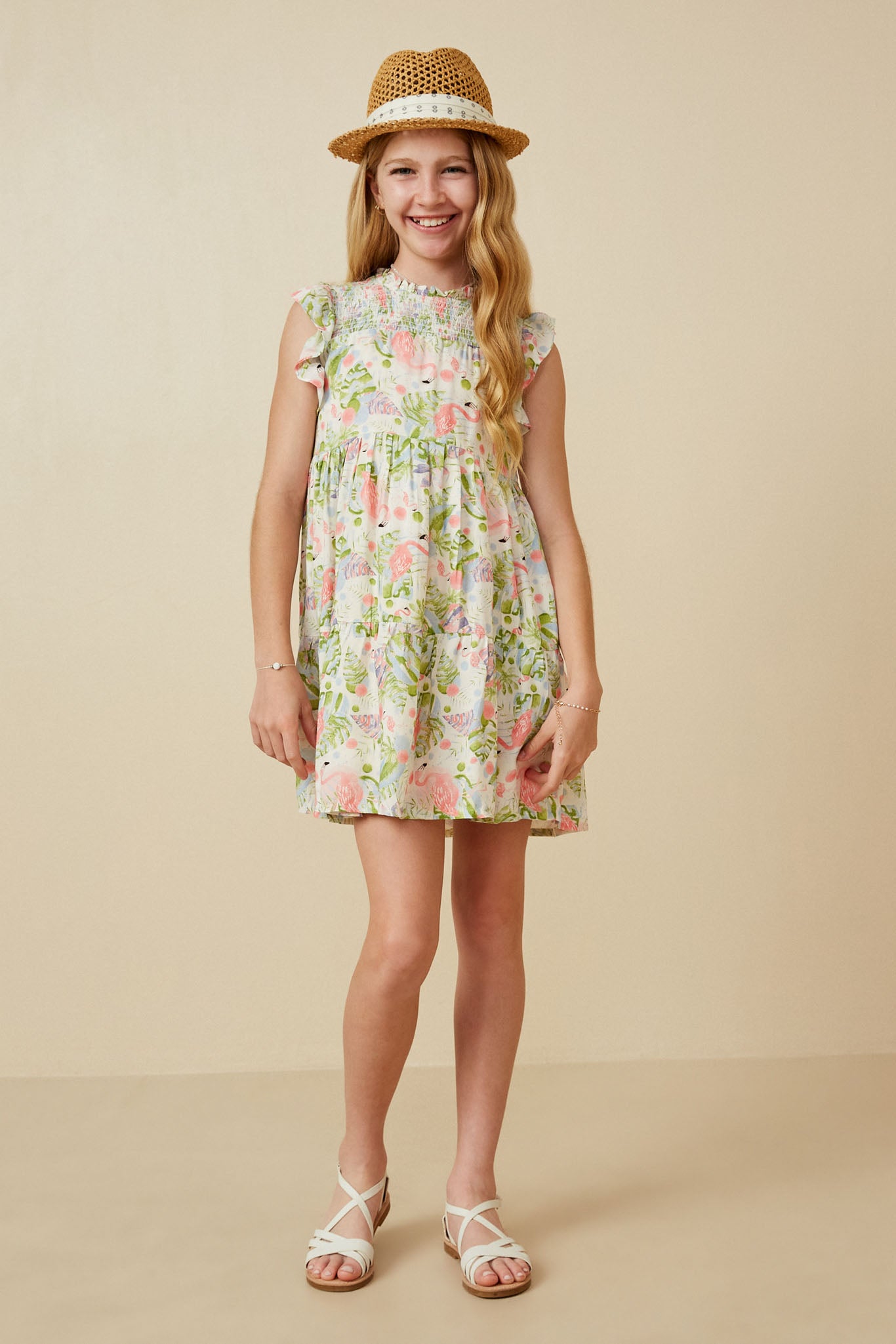 Flamingo Print Smocked Ruffled Dress
