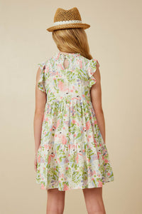 GY6988 Pink Girls Flamingo Print Smocked Ruffled Dress Back