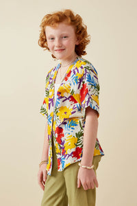 GY6990 Yellow Girls Vivid Floral Contrast Stitch Linen Blend Kimono Pose