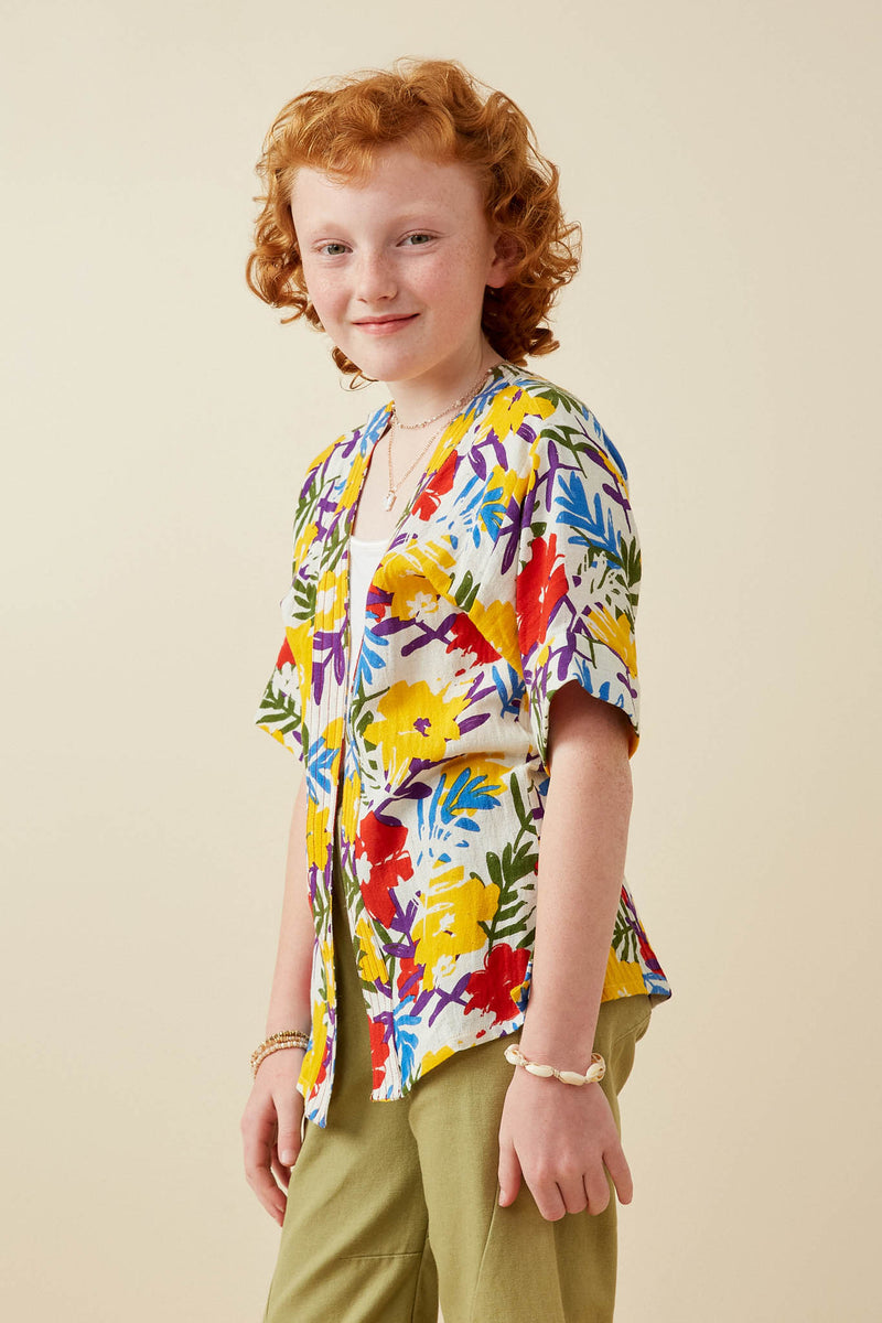 GY6990 Yellow Girls Vivid Floral Contrast Stitch Linen Blend Kimono Pose