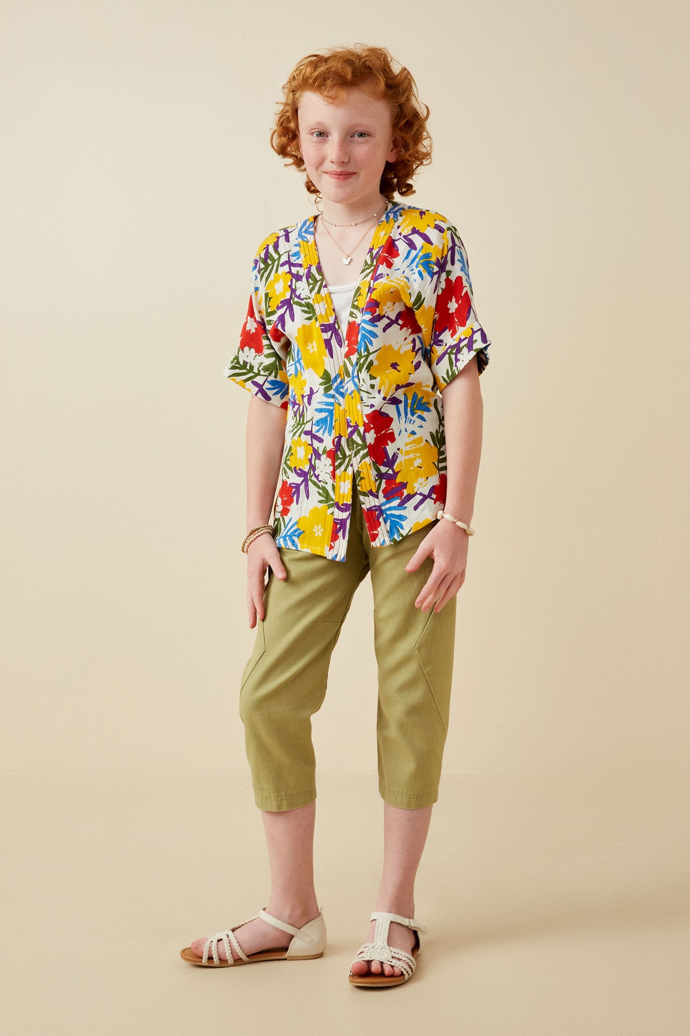 Vivid Floral Contrast Stitch Linen Blend Kimono