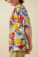 GY6990 Yellow Girls Vivid Floral Contrast Stitch Linen Blend Kimono Side