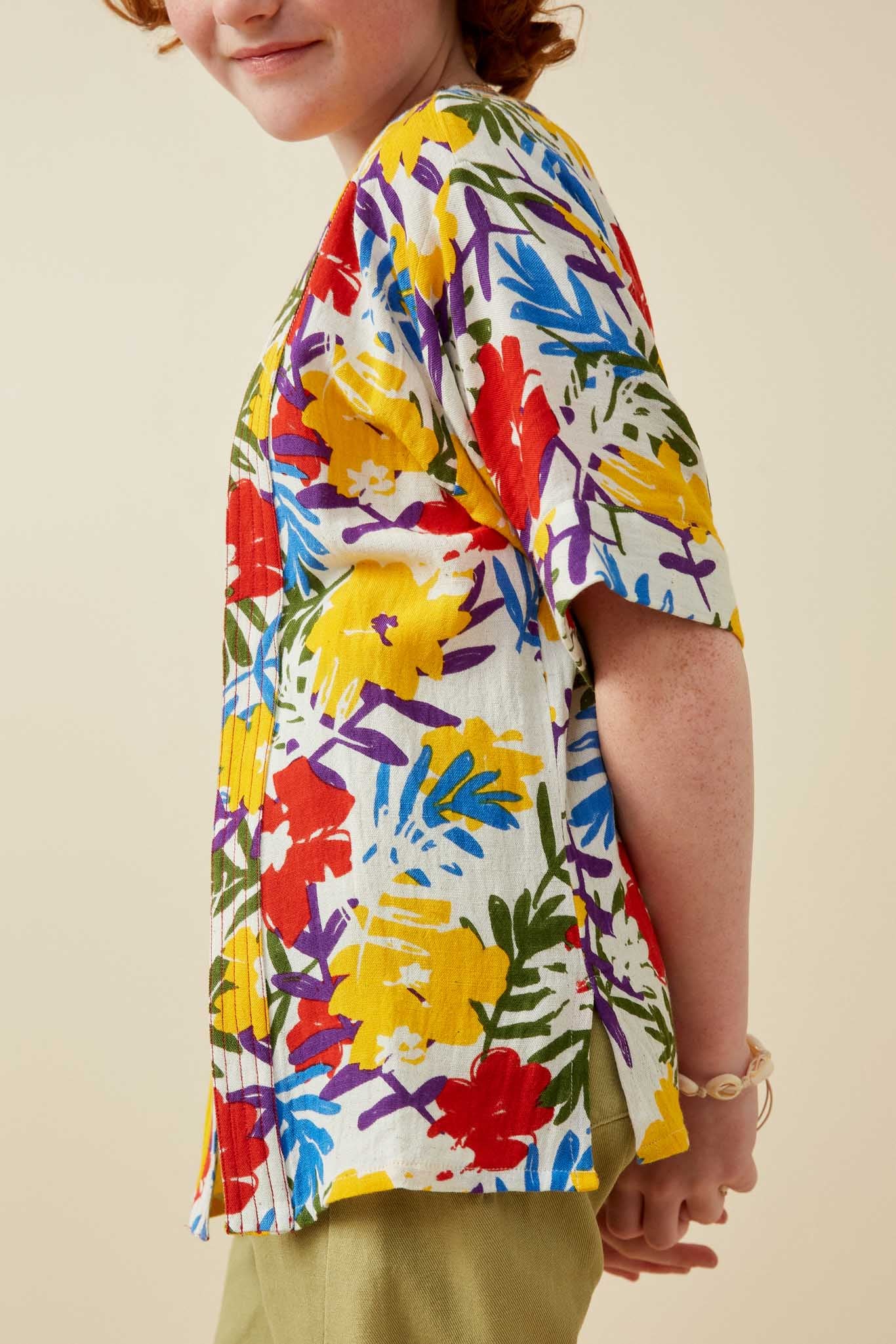 GY6990 Yellow Girls Vivid Floral Contrast Stitch Linen Blend Kimono Side