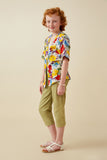 GY6990 Yellow Girls Vivid Floral Contrast Stitch Linen Blend Kimono Pose