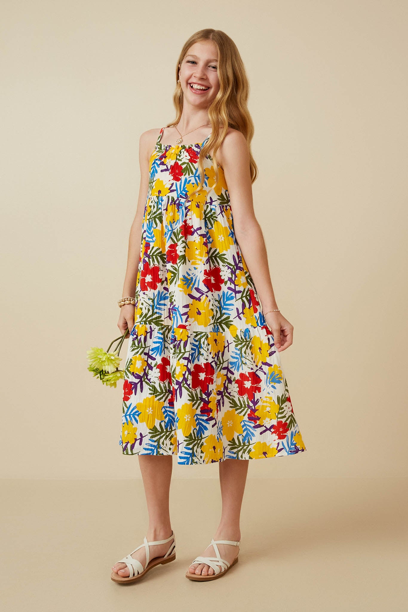 Vivid Floral Tassel Shoulder Tie Linen Blend Dress