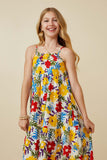 GY6991 Yellow Mix Girls Vivid Floral Tassel Shoulder Tie Linen Blend Dress Front