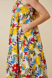 GY6991 Yellow Mix Girls Vivid Floral Tassel Shoulder Tie Linen Blend Dress Detail