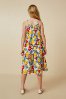 GY6991 Yellow Mix Girls Vivid Floral Tassel Shoulder Tie Linen Blend Dress Back