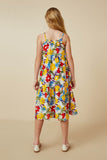 GY6991 Yellow Mix Girls Vivid Floral Tassel Shoulder Tie Linen Blend Dress Back