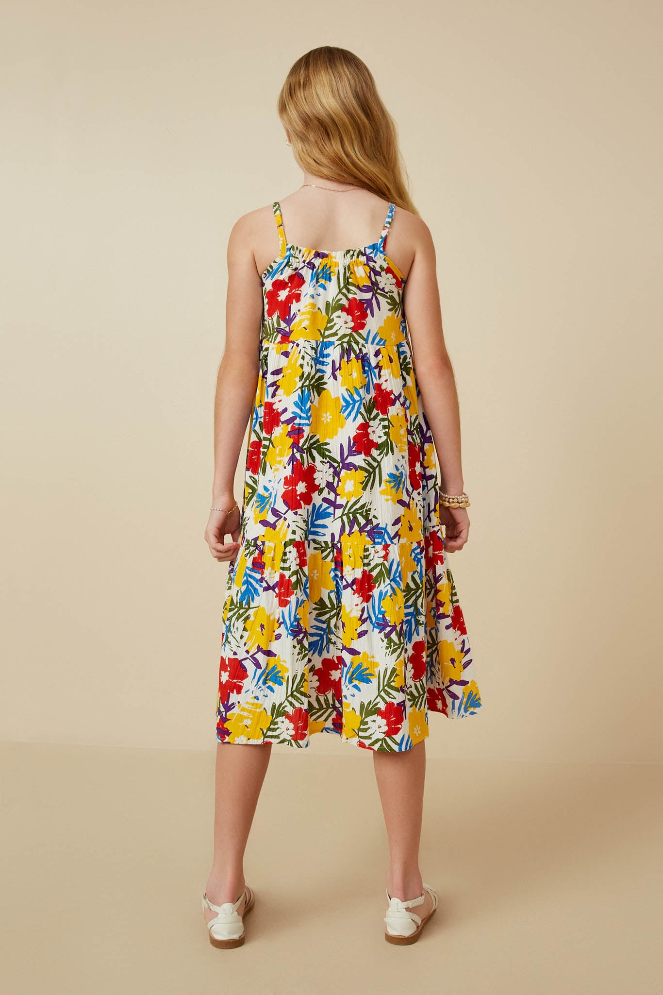 GY6991 Yellow Mix Girls Vivid Floral Tassel Shoulder Tie Linen Blend Dress Back