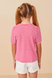 GY6996 Pink Girls Textured Stripe Puff Sleeve Knit Top Back