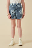 GY7001 Mid Denim Girls Daisy Floral Print Denim Shorts Front