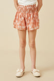 GY7006 Blush Girls Crinkled Botanical Print Smocked Shorts Front