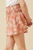 GY7006 Blush Girls Crinkled Botanical Print Smocked Shorts Detail