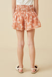 GY7006 Blush Girls Crinkled Botanical Print Smocked Shorts Back