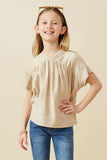 GY7051 Beige Girls Textured Pleated V Neck Dolman Sleeve Top Front