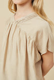 GY7051 Beige Girls Textured Pleated V Neck Dolman Sleeve Top Detail