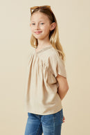 GY7051 Beige Girls Textured Pleated V Neck Dolman Sleeve Top Side