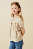 GY7051 Beige Girls Textured Pleated V Neck Dolman Sleeve Top Side