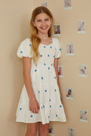 GY7067 Off White Girls Floral Embroidered Puff Sleeve Square Neck Dress Pose