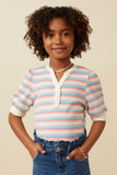 Girls Contrast Banded Button Detail Ribbed Knit Stripe Top Front