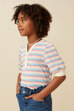 Girls Contrast Banded Button Detail Ribbed Knit Stripe Top Side
