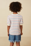 Girls Contrast Banded Button Detail Ribbed Knit Stripe Top Back