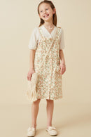 GY7086 Cream Girls Floral Corduroy Button Detail Tank Dress Full Body