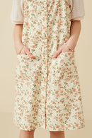 GY7086 Cream Girls Floral Corduroy Button Detail Tank Dress Detail